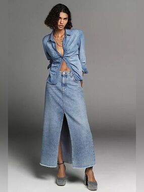Anthropologie Pilcro Madi Front-Slit Denim Maxi Skirt Size 12 Boho-Western